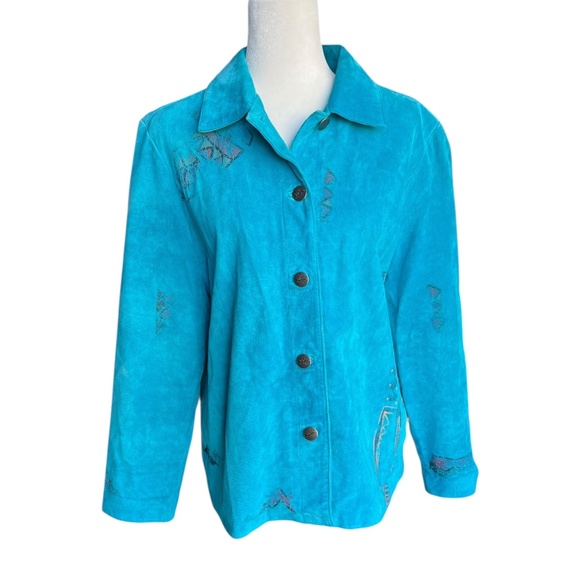 Vintage Genuine Suede Leather Turquoise Southwestern Jacket Chicos Sz 1 - Picture 1 of 6